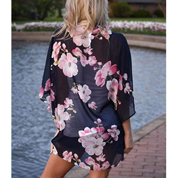 Navy floral print chiffon kimono coverup - Picture 3 of 7
